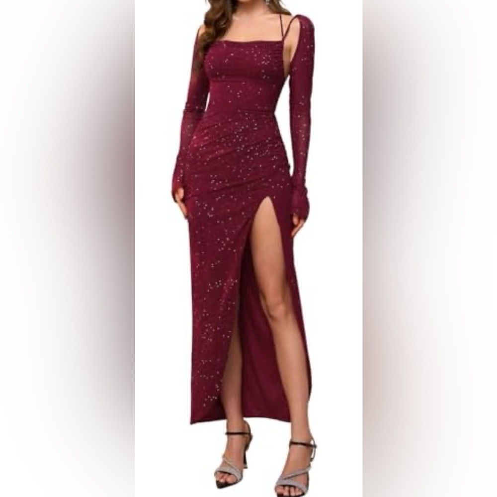 NWOT HTZMO Women's Sequin Long Sleeve Maxi Dress Sexy Halter Side Split Bodycon
